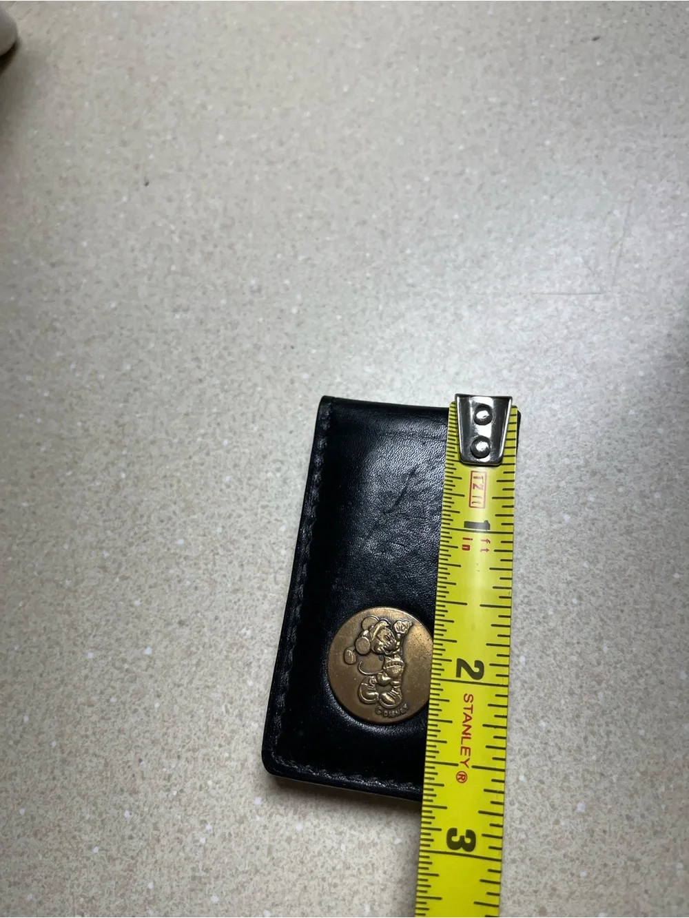 Black Leather Money Clip with Gold Tone Mickey Button